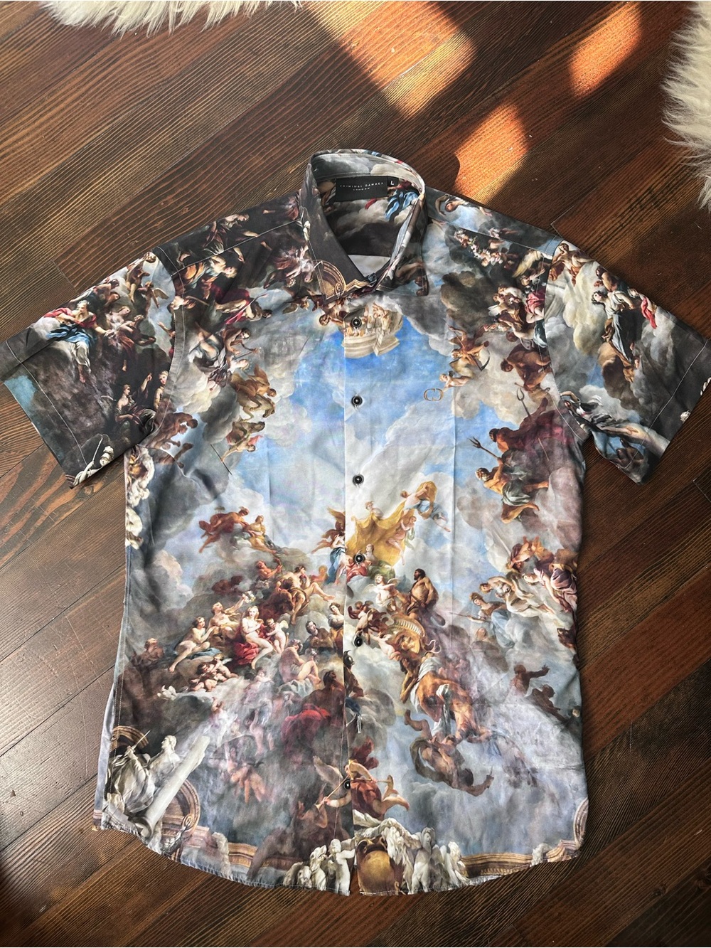 Men's Angels painting Blue Multi-Print Short Sleeve Button-Up Shirt